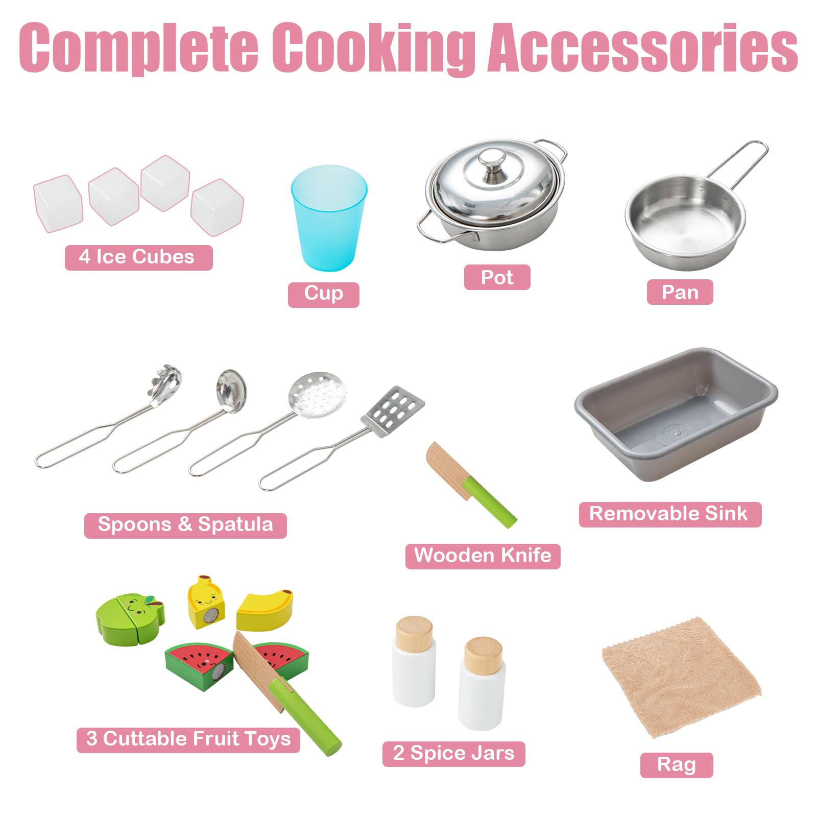 HOMASIS Cucina Giocattolo per Bambini, Cucina in Legno con Lavello, Fornello, Forno, Microonde, Macchina per il Gelato, 18 Accessori, Cucinetta per Bambini dai 3+ Anni (Rosa)