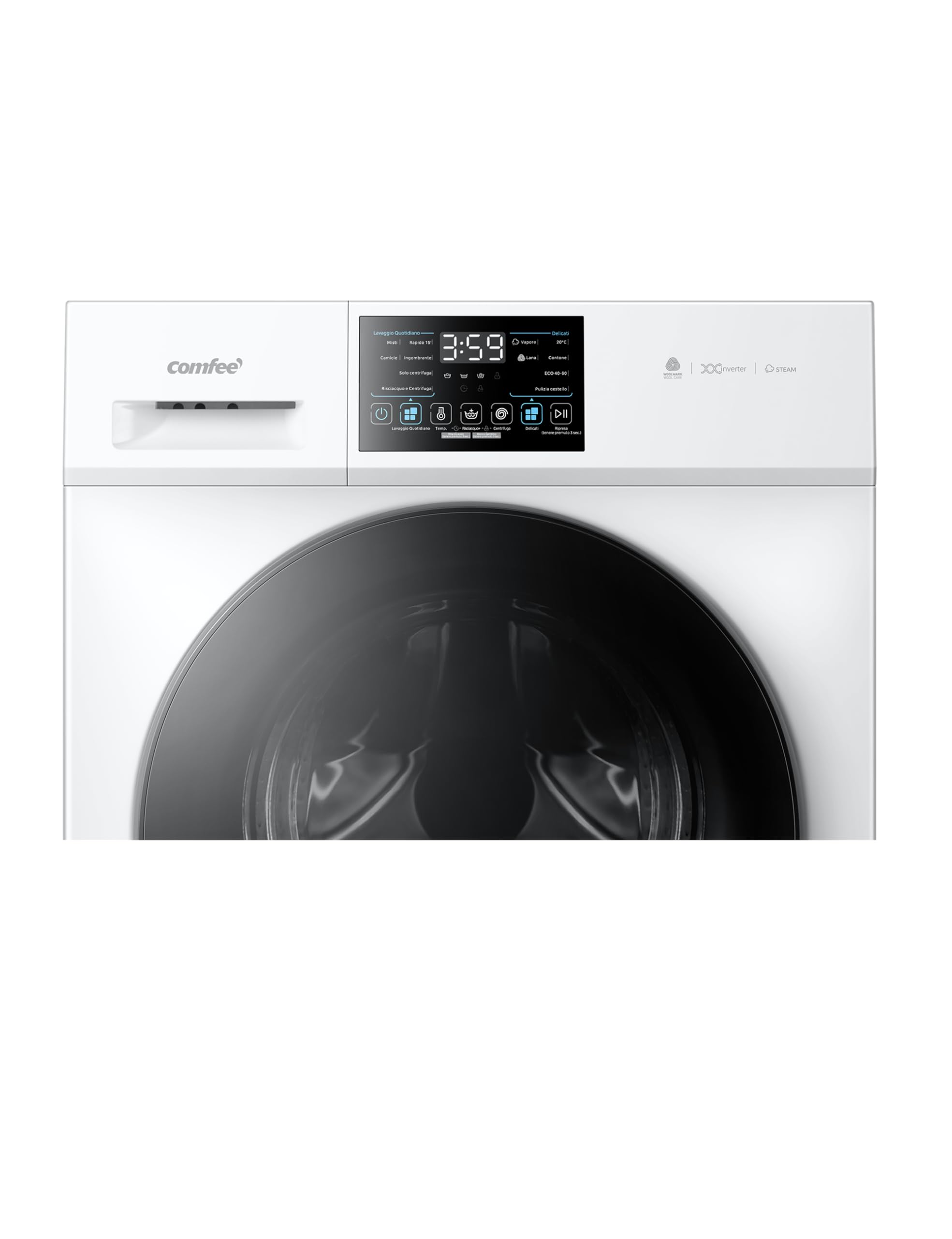 COMFEE' Lavatrice Carica Frontale 8 kg, Classe A-10%, 1400 Giri, Vapore Igienico, Motore Inverter Silenzioso, Lavaggio Rapido, Pannello touch, Wool, Bianco - CFP03EW80W-IT