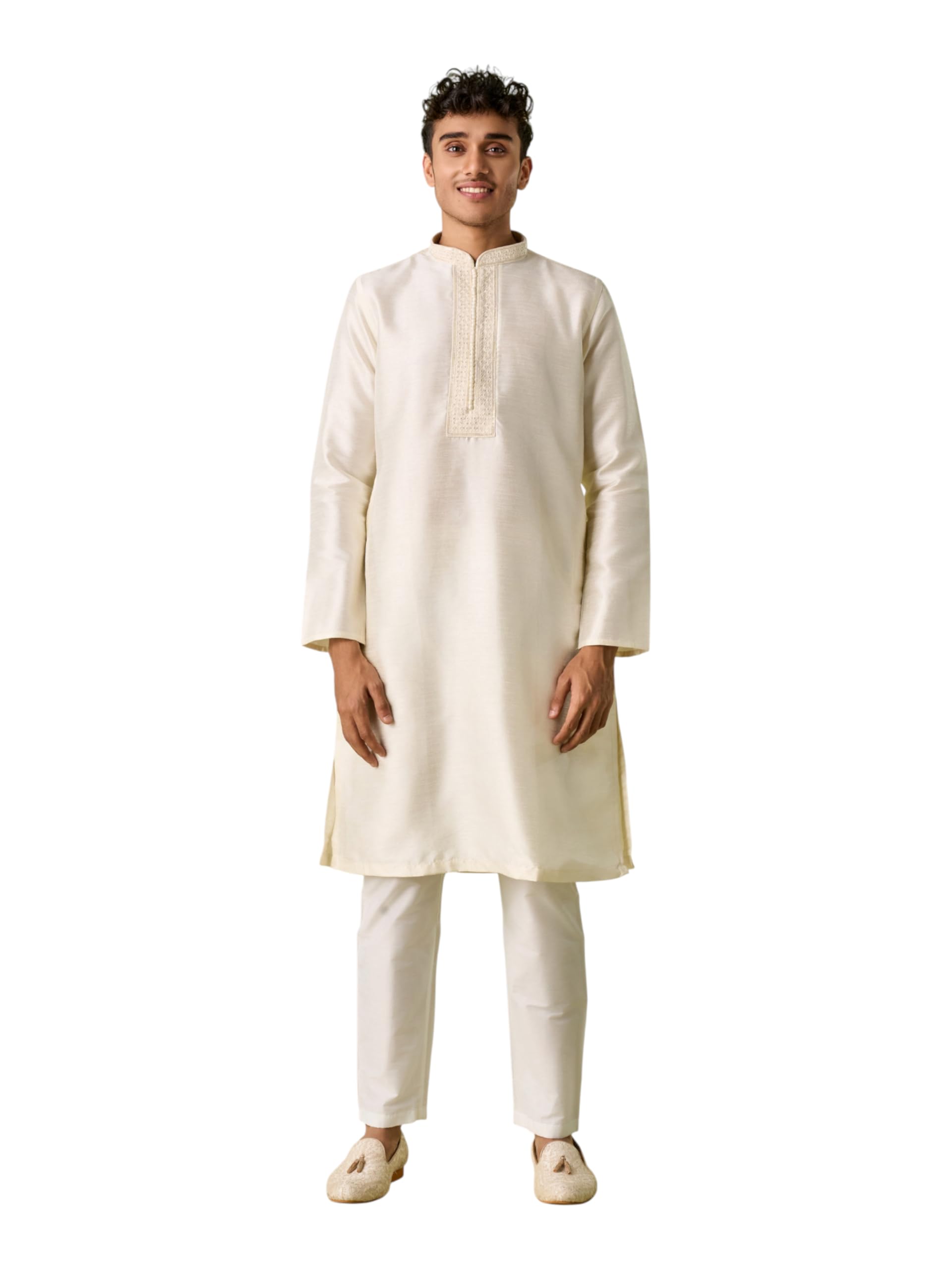 diwas by manyavar Men's Art Silk Plain Kurta with Stone Embellished Neckline Kurta Set (2pcs)-picture-28