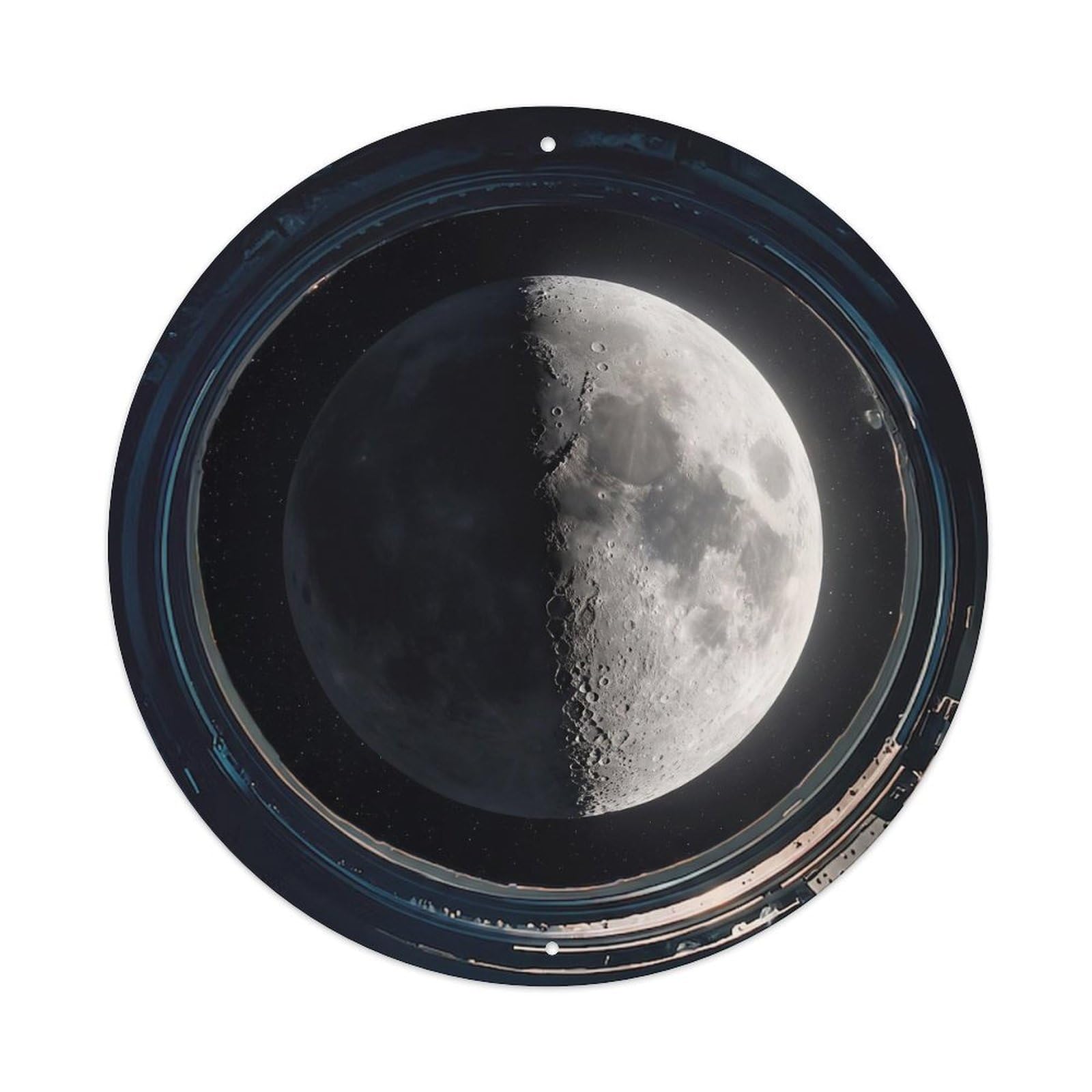 Metal Tin Sign Moon Half Phase from Space Station Porthole