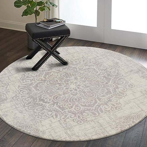 Lahome Vintage Medallion Round Rug - 3' Diameter Non-Slip Distressed Area Rug Small Accent Throw Floor Carpet for Door Mat Entryway Bedrooms Laundry Room Decor (Gray)