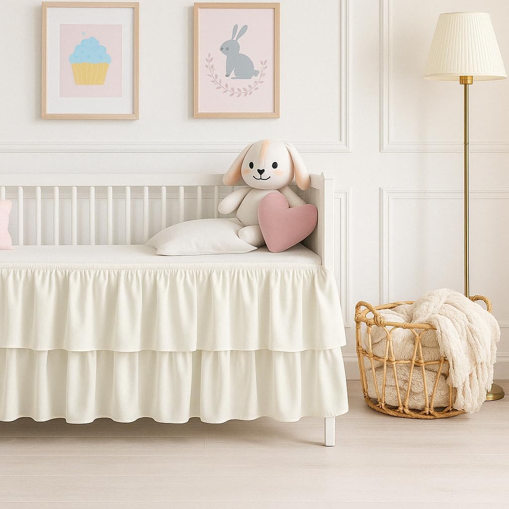 Mattress-Homes Crib Skirt Multi Ruffled Double Layer Nursery Toddler Bedding Skirt Dust Ruffle Split Corners (Ivory Solid - 28" x 52" 14" Drop)