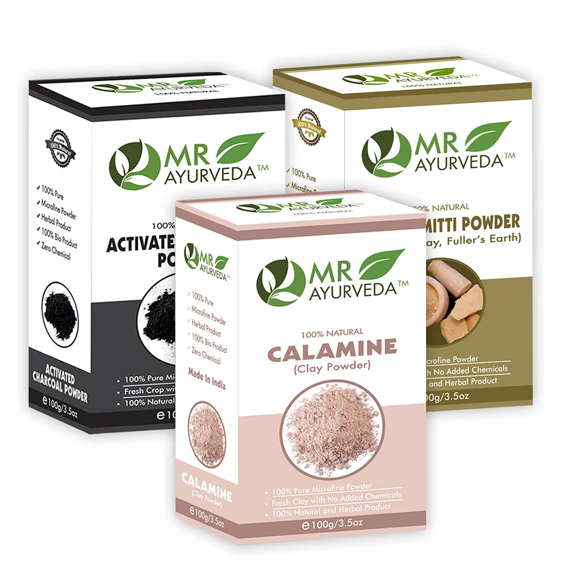 MR Ayurveda Calamine Clay Powder, Activated Charcoal Powder & Multani Mitti Powder - Set of 3 (100 Grams Each)