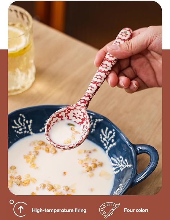 Decorative Ceramic Soup Spoons, Set of 4, with Long Handle Easy to Hold, Perfect for Dumpling Pho Noodles Miso Dishwasher Safe, Blue, Green, Brown, and Red