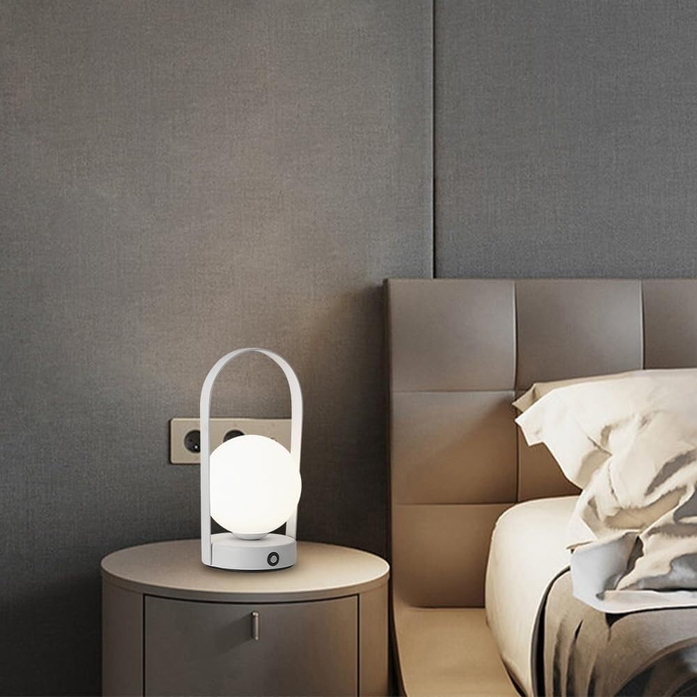 Nordic Globe Tischlampe, wiederaufladbar, kabellos, 3-Farben-Modus, kleine Schreibtischleuchte, tragbare Campinglampen for den Außenbereich, Schlafzimmer, Schreibtisch-Lesevorrichtung(White)