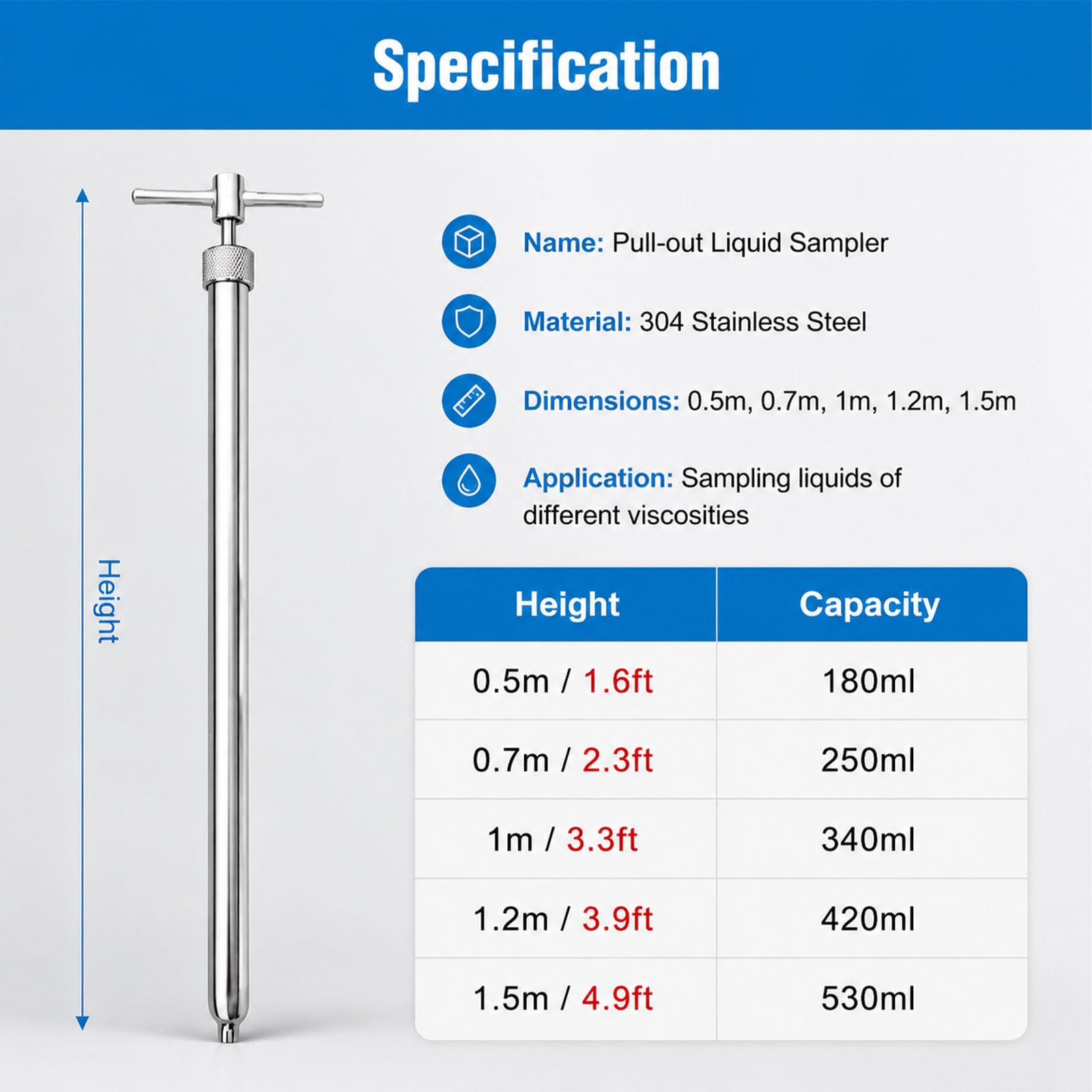 Échantillonneur de Liquide Visqueux, Préleveur pour Fûts en Acier Inoxydable 304, Tube Extractible pour Huile Eau Produits Chimiques, Sonde de Laboratoire Argent,0.5m (1.64ft) 180ml | 1