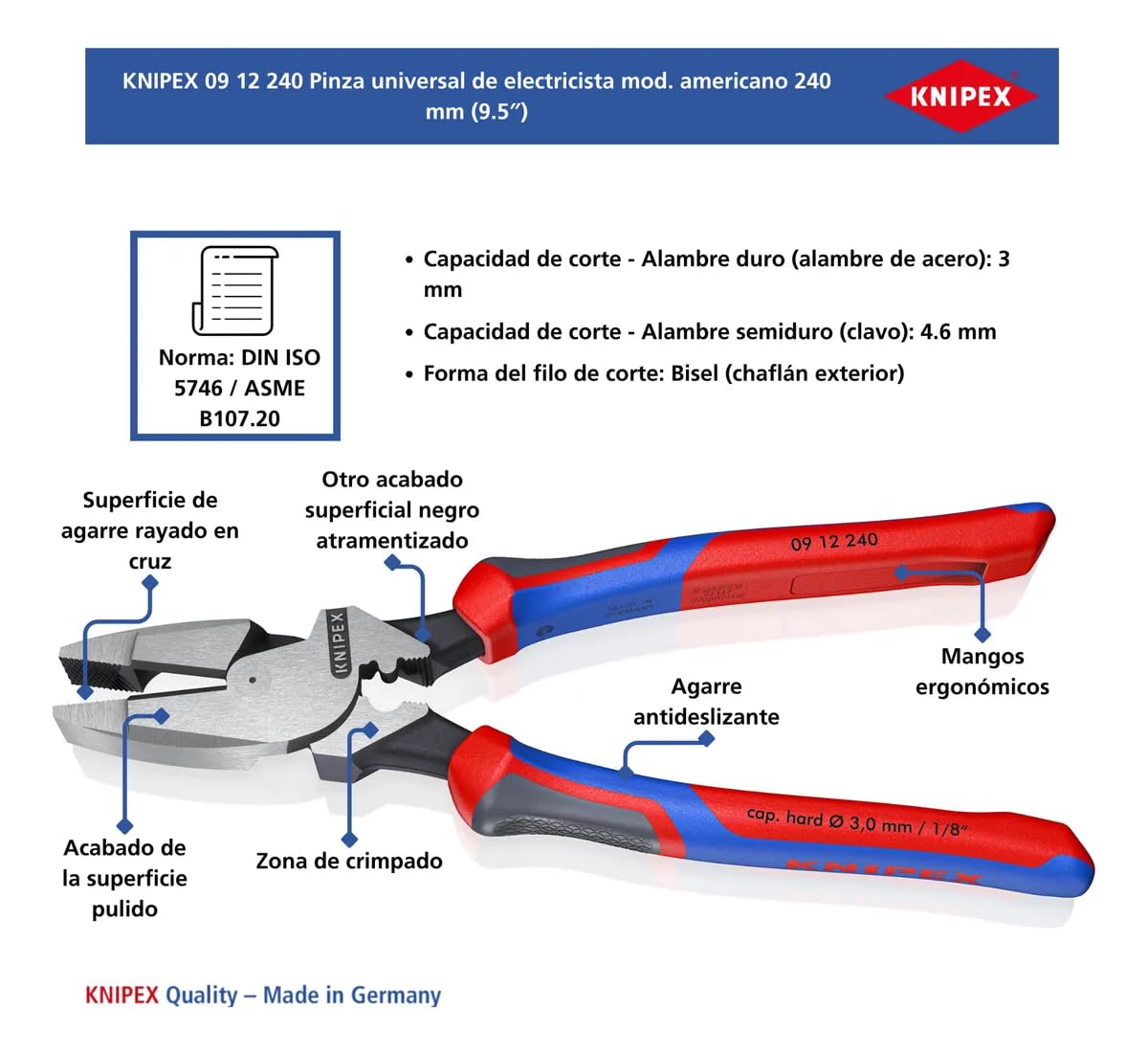 KNIPEX Alicate universal de fuerza "Lineman" modelo americano con cartulinas autoservicio con mangos confort 240 mm, 09 12 240 SB | Con asas Comfort de 240 mm