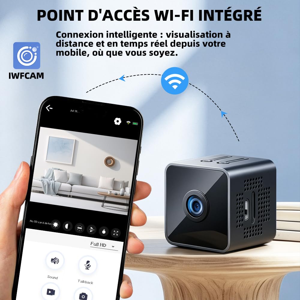 Mini Caméra Espion WiFi 1080P Full HD, Caméra de Surveillance Intérieure Discrète avec Détection de Mouvement et Vision Nocturne, Petite Caméra Connectée pour Bébé, Maison, Bureau et Auto, Noir