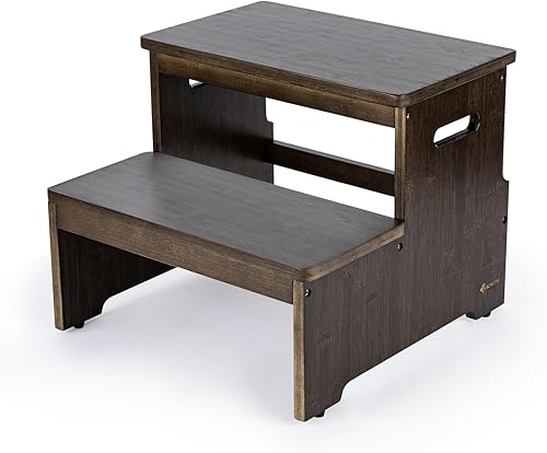 Miniatura 7 de StrongTek Taburete de bambú de dos escalones para adultos y niños, taburete de cama con parte inferior antideslizante, resistente para cocina, baño,