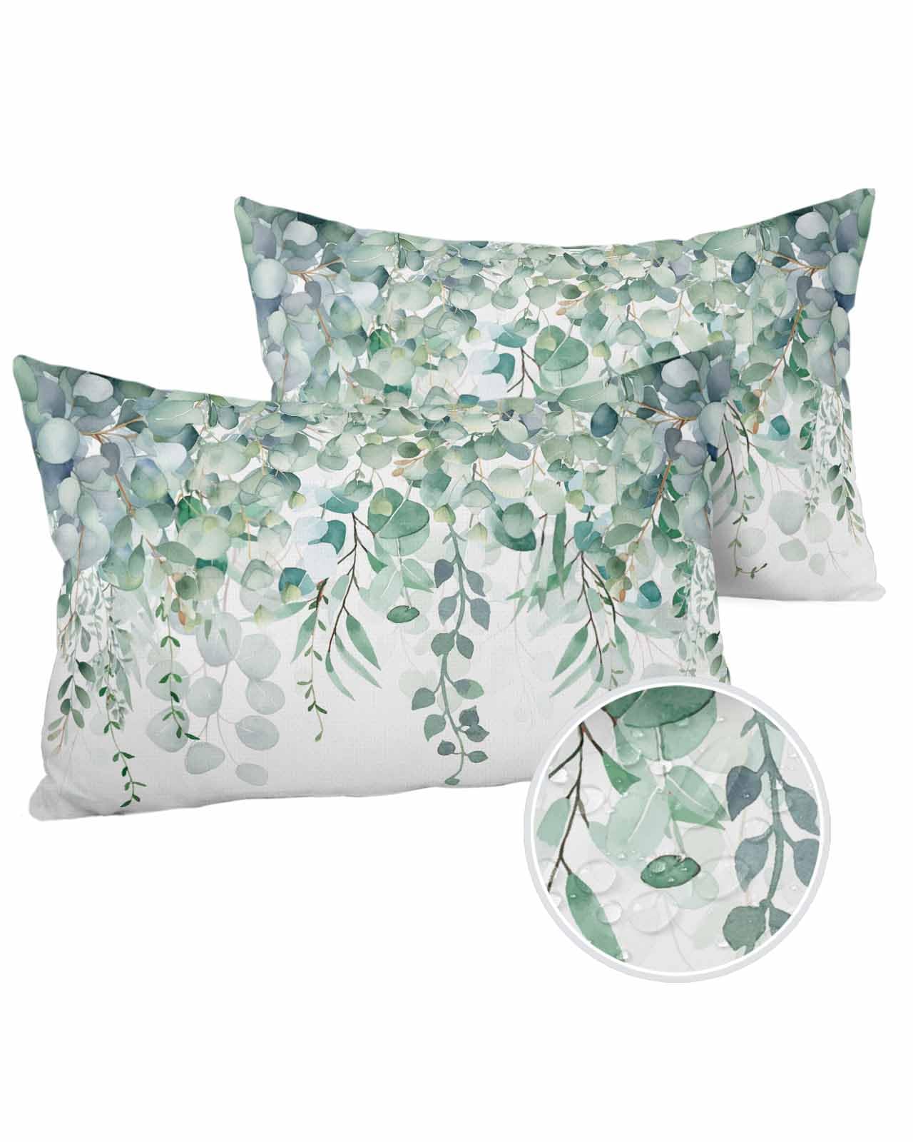 Boanket Lumbar Pillow Covers 12 x 20 in, Teal Eucalyptus Waterproof Throw Pillow Cover Set of 2, Spring Floral Summer Botanical Home Decorative Rectangle Cushion Covers for Patio/Tent/Couch/Garden