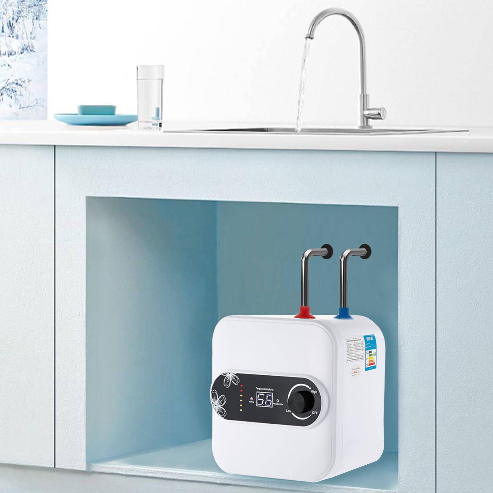 Podblatowy bojler 8 l, 1500 W, elektryczny podgrzewacz wody, mini podgrzewacz wody, podgrzewacz wody 30-65°C, natychmiastowy mały podgrzewacz wody do kuchni, łazienki