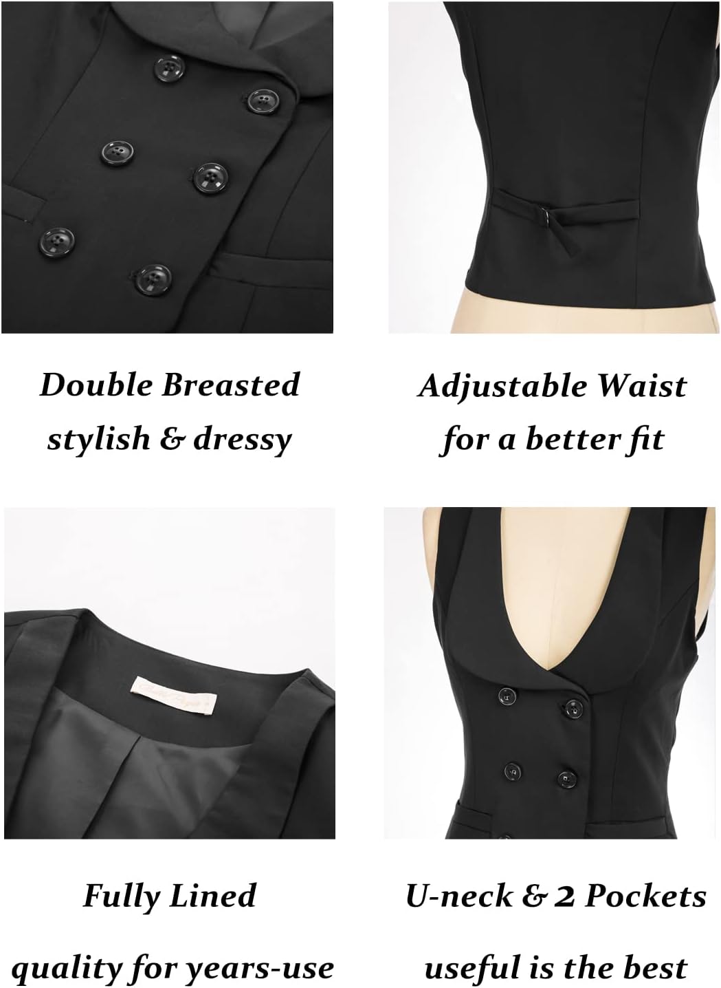 Belle Poque Women Double Breasted Waistcoat Vintage Lapel Collar Vest Coat with 2 Pockets - Image 3