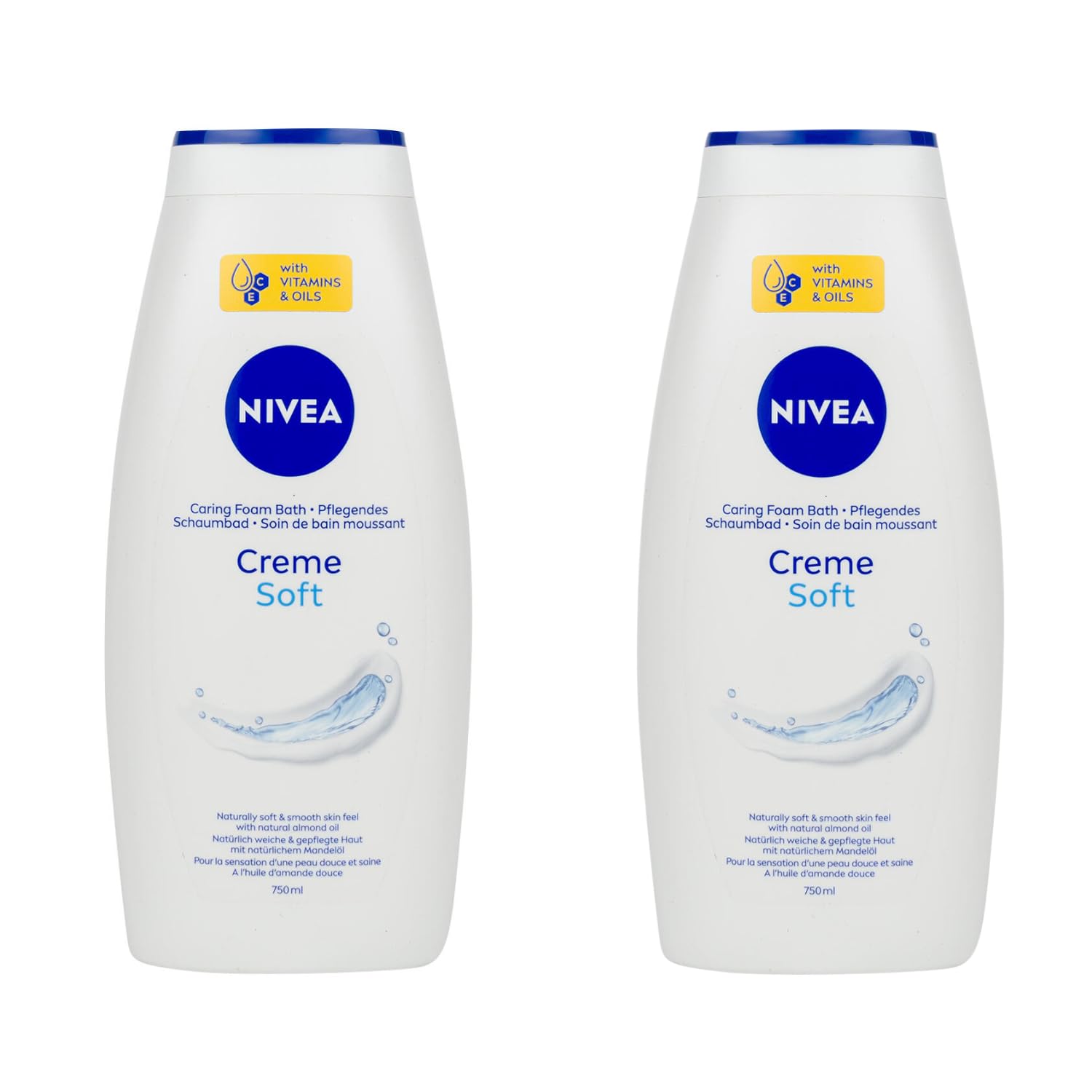 NIVEA Cream Soft Care Bath with Almond Oil, 750 ml  Moisturizing Foam Bath for All Skin Types, Gentle Fragrance, Biodegradable & Microplastic-Free Formula, Long-Lasting Creamy Lather, Pack of 2