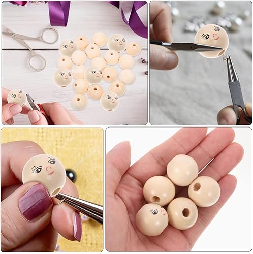 Miniatura 5 de Sewroro 50 cuentas de madera de cara sonriente, cuentas de madera redondas espaciadoras con agujero, cuentas de cabeza de muñeca para niñas, cuentas