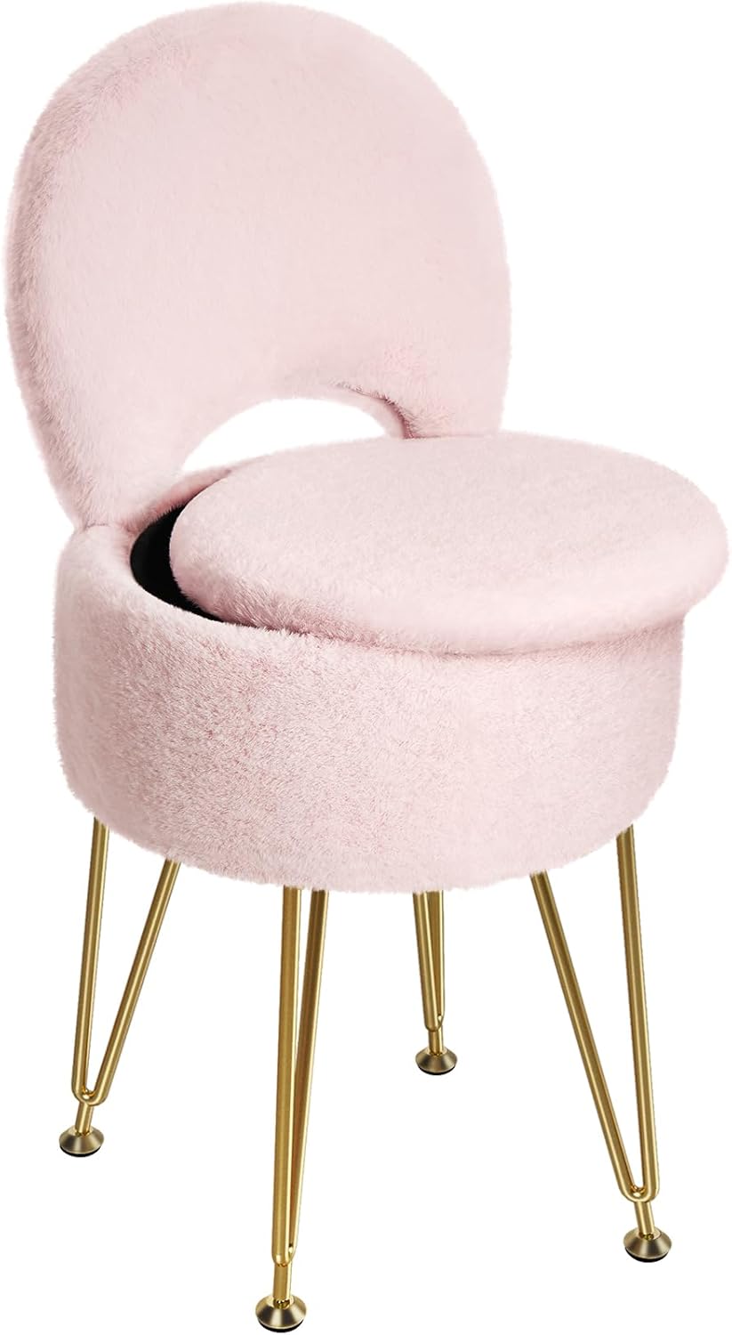 GREENSTELL Vanity Stool Chair with Storage and Folding Back, 13" x 13" x 17.7" Faux Fur Soft Ottoman, 4 Metal Legs with Anti-Slip Feet, Furry Padded Seat for Makeup, Bedroom, Pink