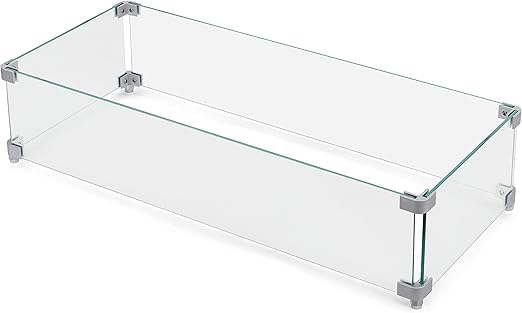 Nuu Garden 27.6'' x 11.7'' x 6.5" Rectangular Fire Pit Wind Guard, Transparent Tempered Glass, Polished Aluminum Brackets, 3M Anti-Slip Pads, Fit for Best Choice 52-inch Fire Table WG01