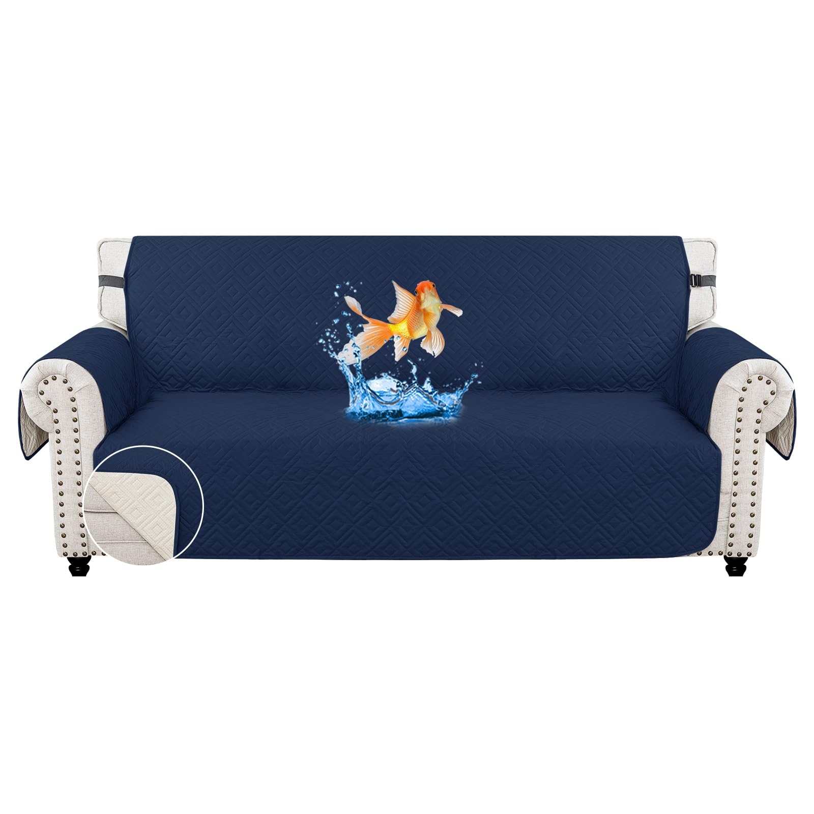 MAXIJIN Sofa Covers Waterproof Sofa Slipcovers Non-Slip 3 Seater Sofa Protectors with Elastic Straps Reversible Universal Couch Covers for Dogs, Pets, kids (Dark Blue, 3 Seater)