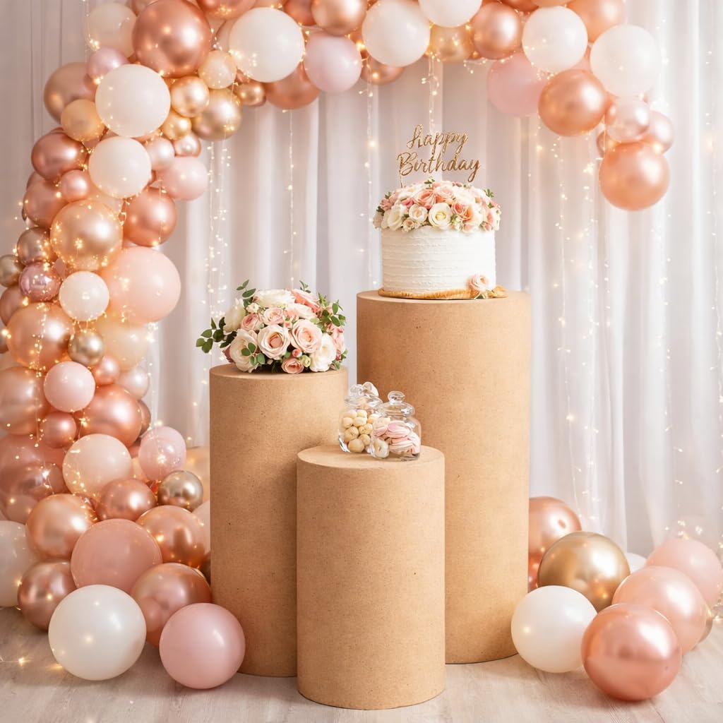 3-Piece Cylinder Pedestal Stand Set for Party Decor – Round Display Tables for Cake, Dessert, Balloon Decoration, Wedding, Birthday and Event Setup