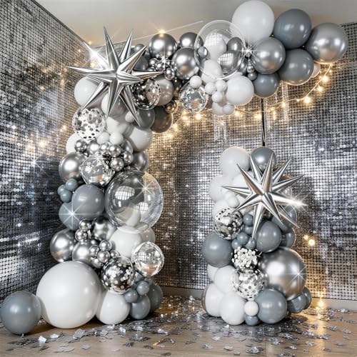 Image of White Silver Balloons Garland Arch Kit, 113pcs White Grey Clear Balloons, Confetti Silver Explosion Star 4D Foil Balloons for Disco Winter Wonderland Holiday Christmas Birthday Ice Snow Party Decor