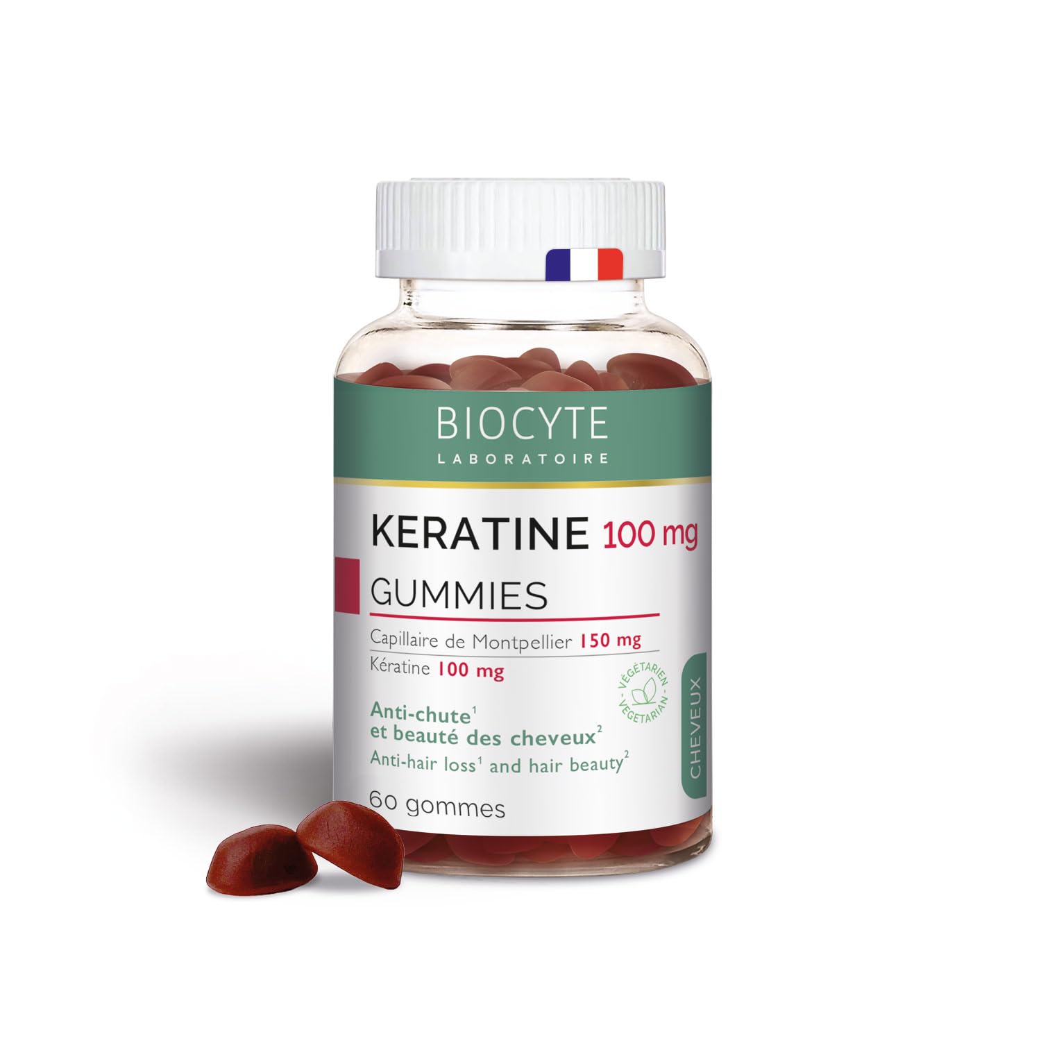 BIOCYTE Kératine Gummies Pousse Cheveux - Keratine, Vitamine E, Zinc, Selenium, Biotine - 60 Gummies Goût Fruits Rouges - Programme 30 jours