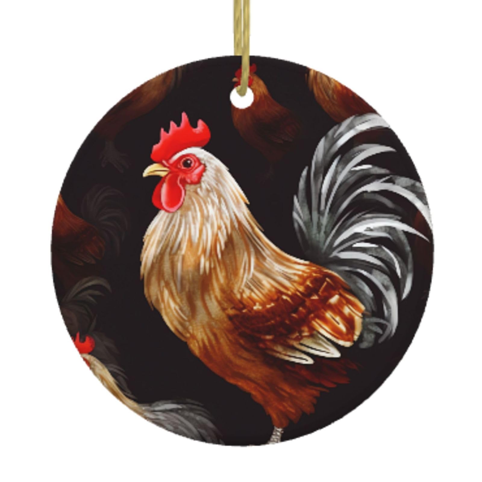 Ceramic Christmas Tree Hanging Ornaments with Gold Ropes Christmas Tree Decorations Round Ceramic Shine Rooster Pendant Keepsake Decorations for Holiday Xmas Gift Ideas