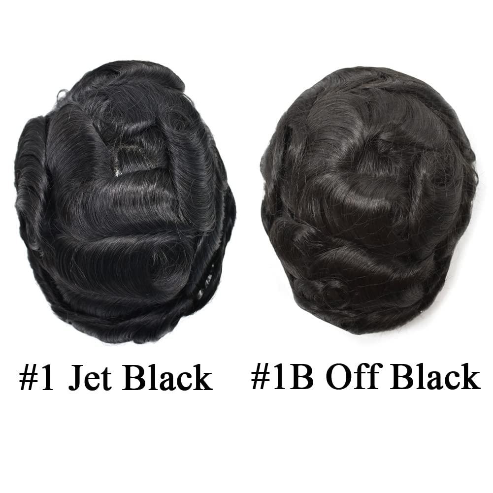 Mens Toupee Wigs Hair System for Men Human Hair Piece Replacement Fine Mono Mens Hair Unit Poly Skin Around Monofilament Toupee for Men (5''x7'', #1B Off Black-100% Light to Med-light Density)