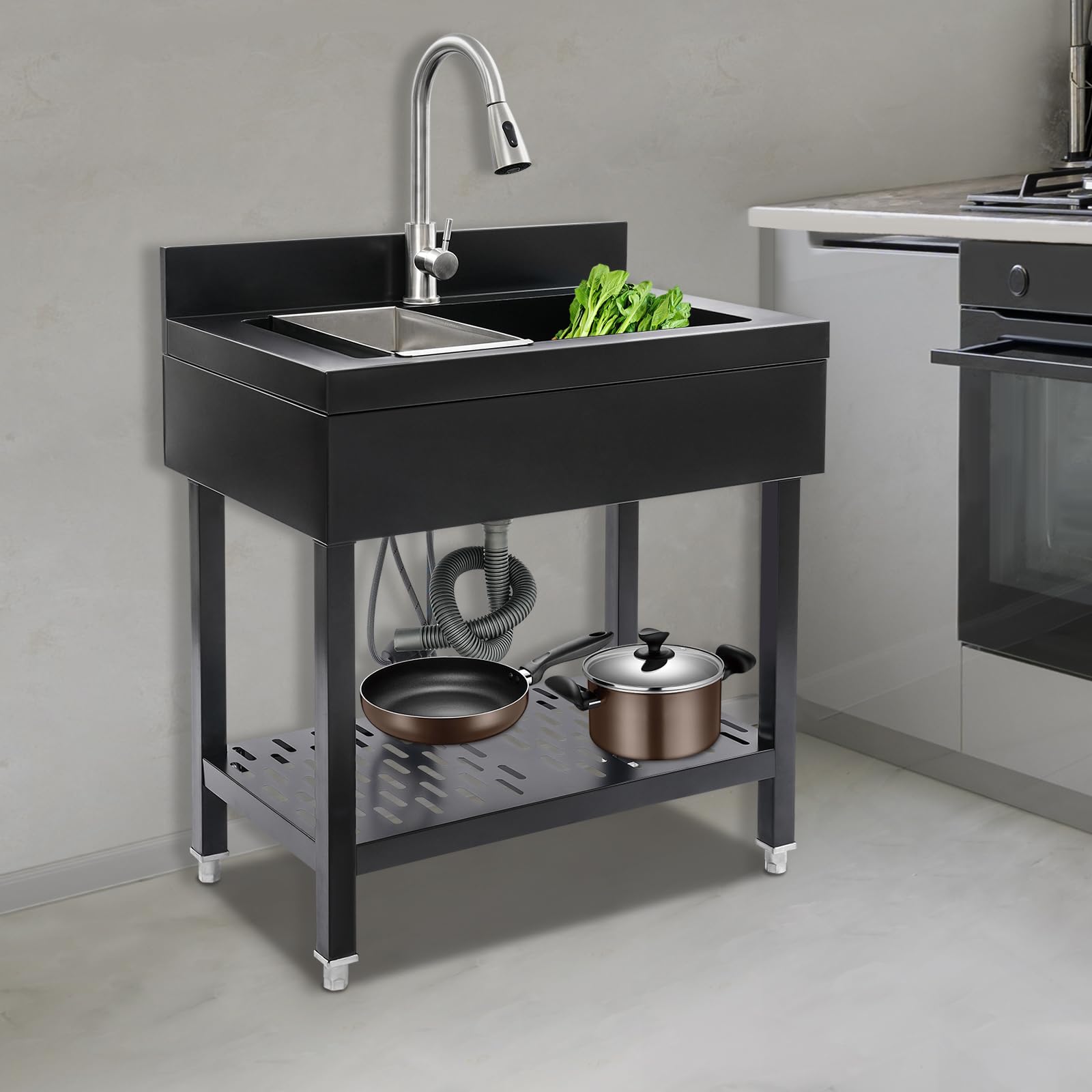Évier de cuisine sur pied avec robinet extensible, évier en acier inoxydable, évier extérieur, lavabo de jardin, pieds réglables, jusqu'à 150 kg, 70 x 50 x 90 cm, noir