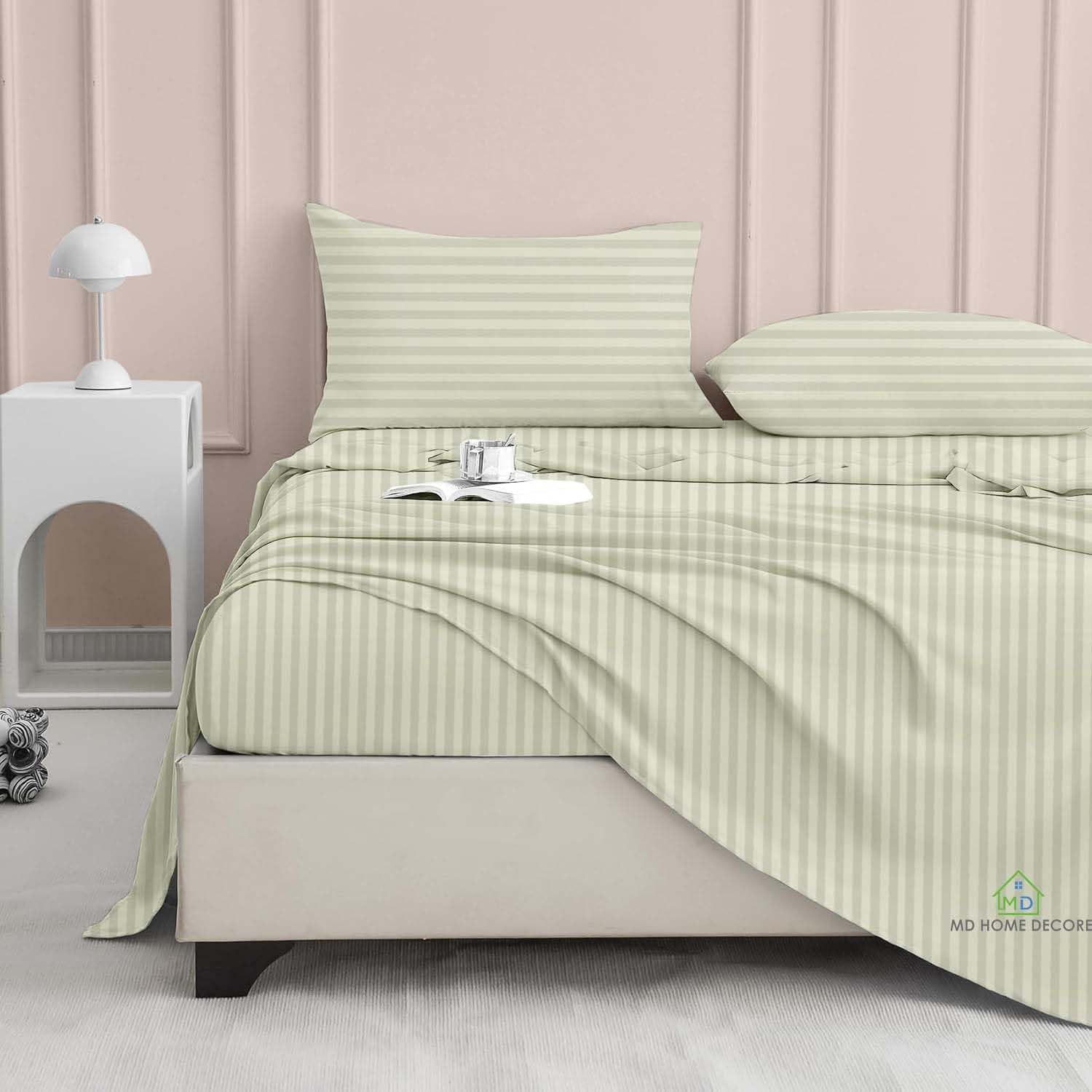 King Sheet Set, 4 Piece, 100% Egyptian Cotton, High Thread Count, Deep Pocket up to 16 Inch, Breathable, Soft, Cooling, Hotel Luxury Bedding, Ivory Stripe, Breathable, King Size Bed Sheets