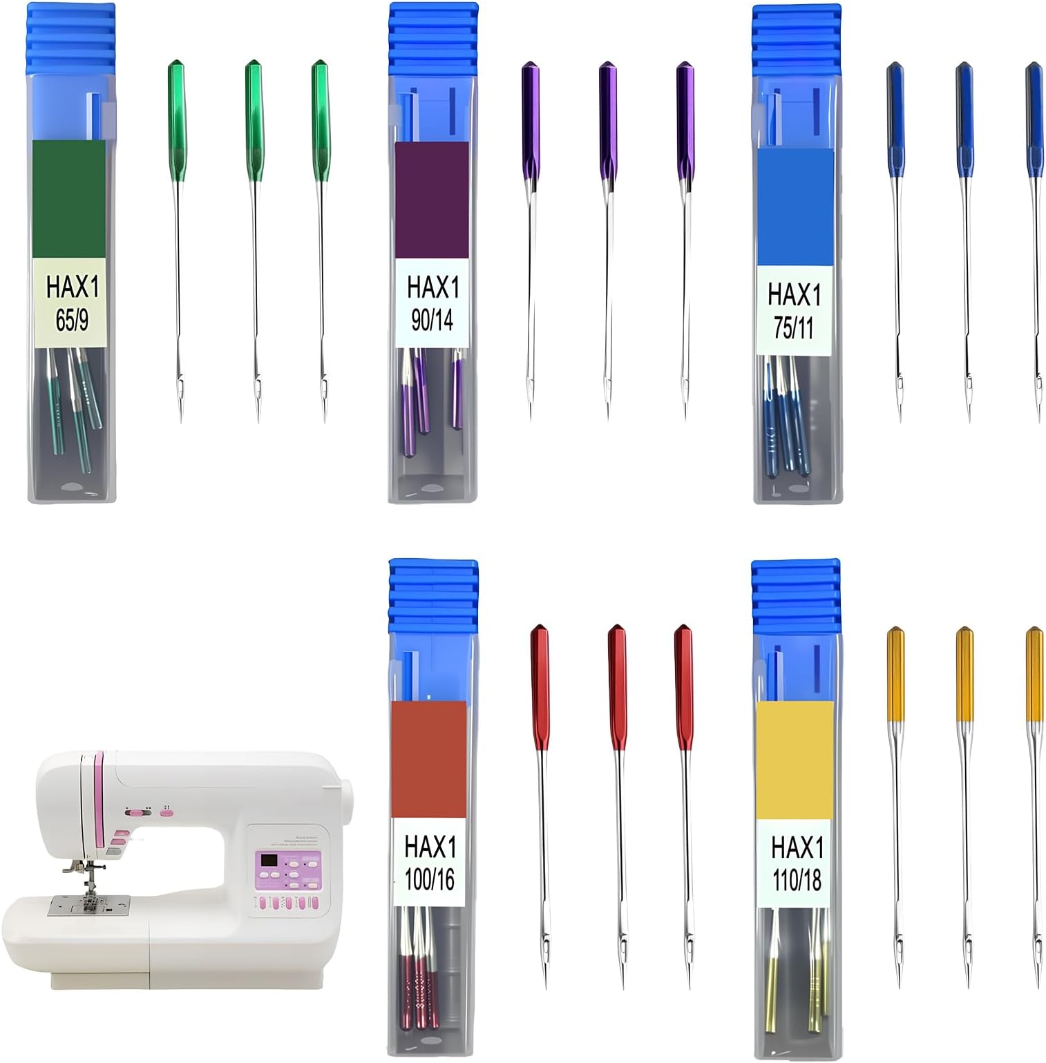 – Sewing Machine Needles, 5 Sizes Mixed Needles Set (65/9–110/18), Universal Sewing Machine Accessories Compatible with Singer, Brother & Janome, for Denim, Stretch & General Sewing