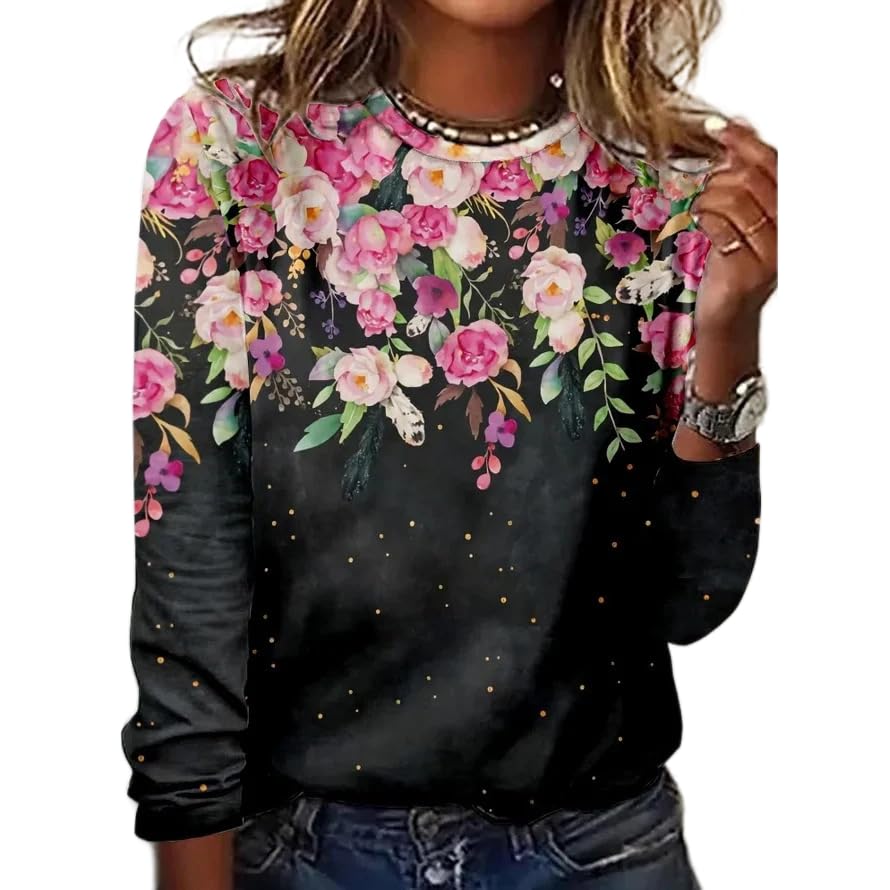 Women's Boho Floral Crewneck Long Sleeve Shirts Spring Trendy Casual Loose Cute Spring Blouses Tops