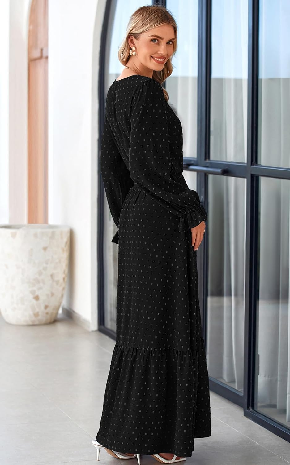 PRETTYGARDEN Women's 2025 Maxi Dress Long Sleeve V Neck Flowy Swiss Dot High Waist Casual A Line Fall Wedding Guest Dresses - Image 8