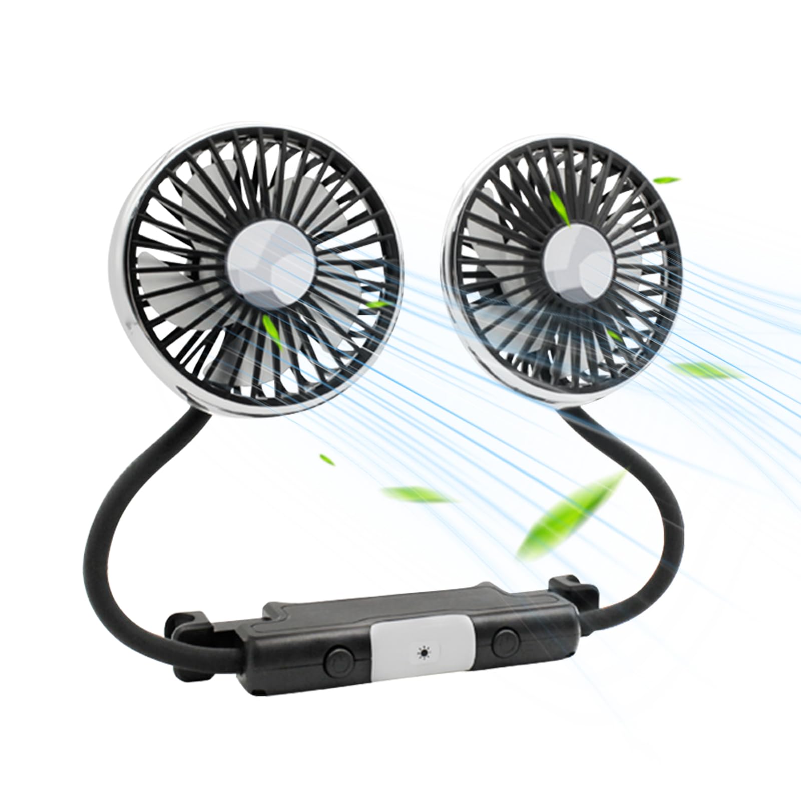 Ventilatore per auto, doppia testa per sedile posteriore, doppia ventola girevole a 360 gradi, ventola di raffreddamento USB auto con 3 velocità e 2 livelli di luminosità, luce LED per camion Van SUV