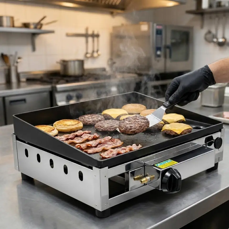 Chapa de Lanche a Gás Profissional, Base em Aço Inox, Chapa Aço Carbono 3mm, 30x40 cm, com Coletor de Gordura