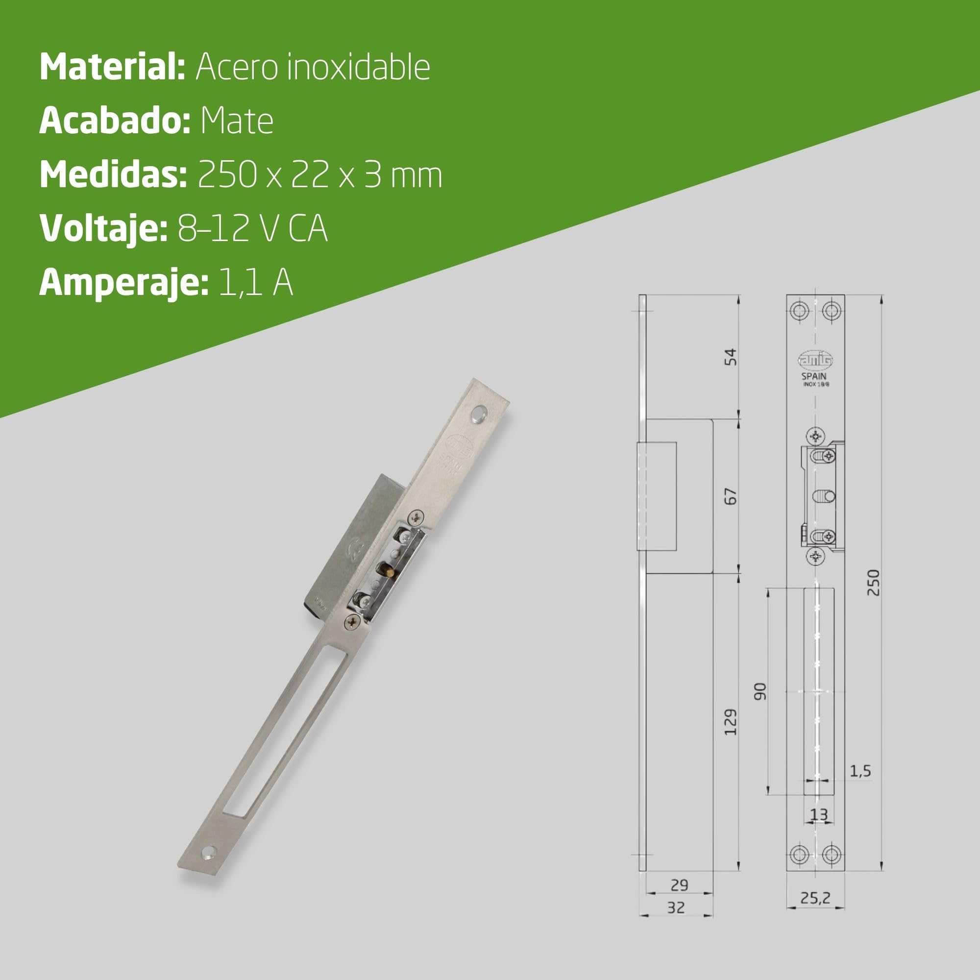 Amig - Abrepuertas Eléctrico de Embutir para Puertas - Mod.51-250 x 22 x 3 mm - Amperaje: 1,1 A - Incluye Bobina de 8-12 V de Corriente Alterna - Cerradero para Portales, Tiendas u Oficinas