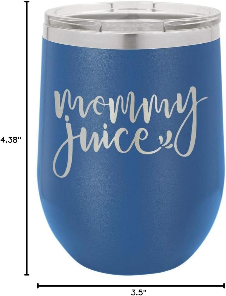MOMMY JUICE Blue 12 oz Stemless Wine Glass With Lid | Custom Engraved With Funny Quotes and Sayings | Stainless Steel Wine Tumbler | OnlyGifts.com