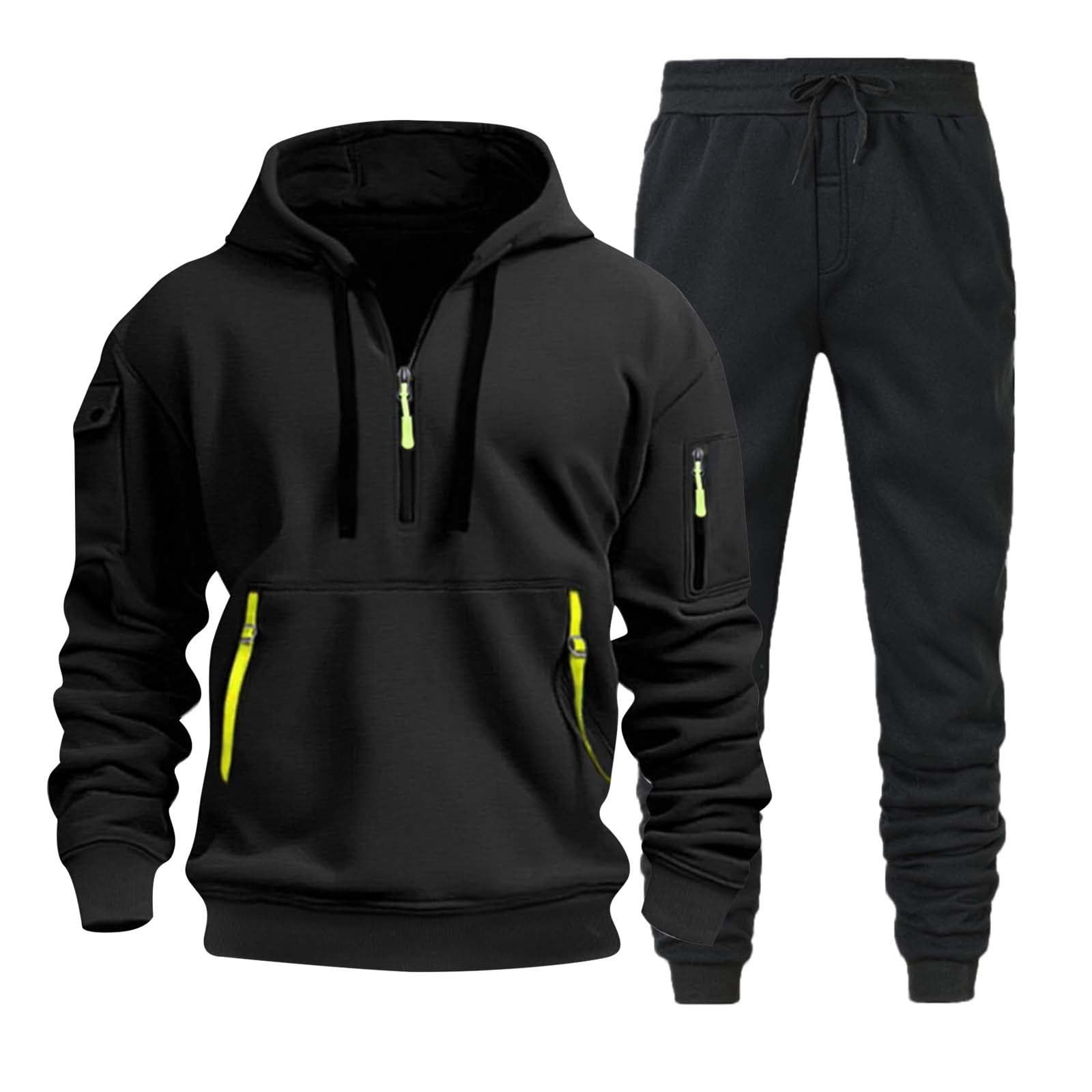 Generisch Tuta da jogging da uomo, set da 2 pezzi, tuta imbottita in pile, tuta da jogging, tuta termica per uomini, tracksuit fitness, palestra, tuta sportiva con cerniera 1/4, con cappuccio e