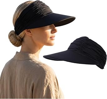 Black Sun Visor for Women, Sun Hat Wide Brim Hat Women Adjustable Foldable Beach Hat Visor Cap for Golf Outdoor Cycling Fishing Tennis Running Beach Vacation