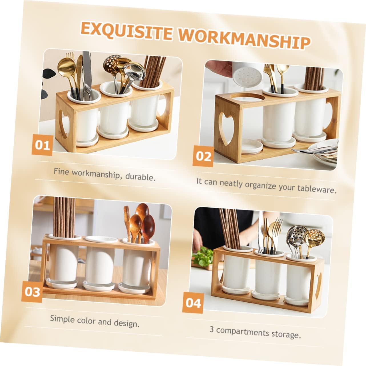 Ceramic Chopsticks Holder Set Bamboo Rack 3-Tube Kitchen Utensil Organizer Multi-Functional Cutlery Storage for Home Cooking