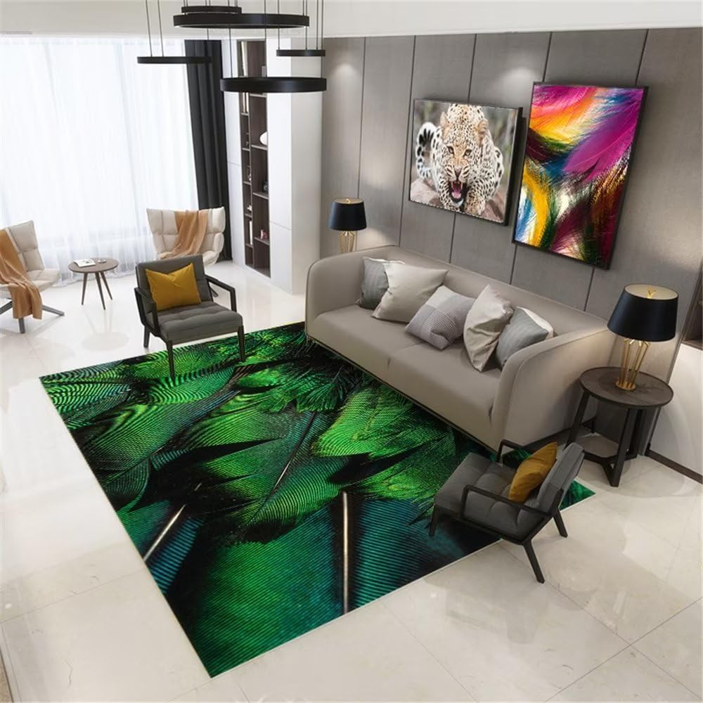 Tapis de chambre vert foncé au motif plume pour un salon moderne