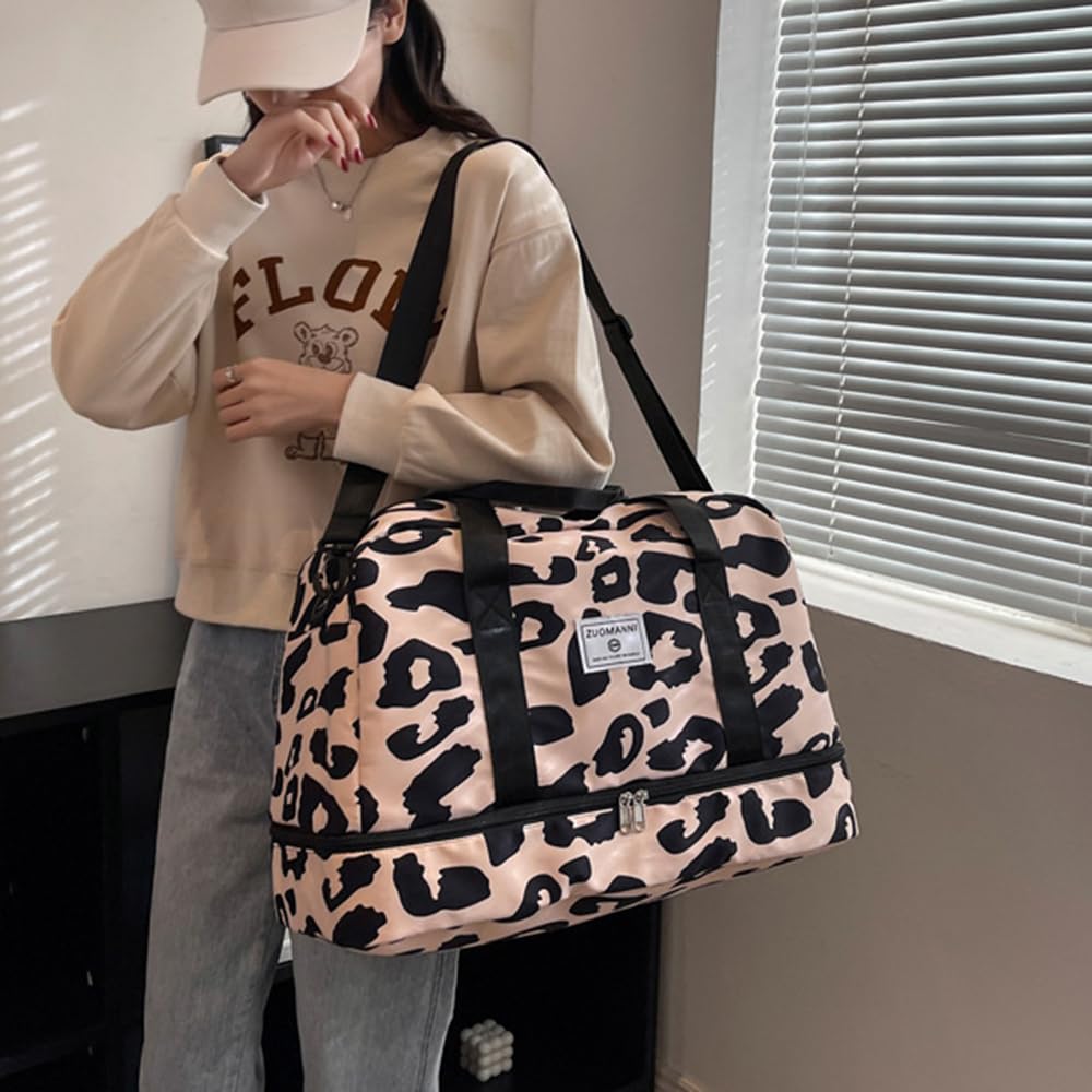Borsa da Palestra Donna Grande, Borsa Sportiva con Scomparto Scarpe e Tasca Bagnata, Grande Capacità Borsa da Viaggio Duffel per Sport/Viaggi, 51x26x32 cm, Leopardata, Beige, A
