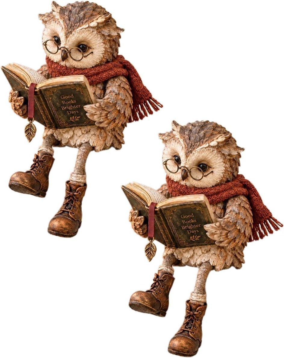 Reading Owl Figurine, Owl Statue with Glasses and Book, Reading Owl Statue (2pcs)