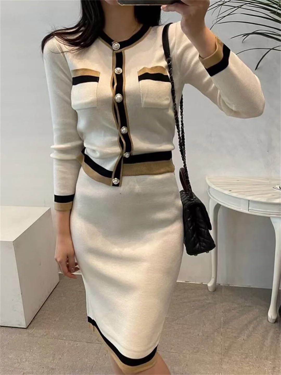 Set gonna da donna a maniche lunghe, tasche + gonna al ginocchio a vita alta in maglia, 2 pezzi