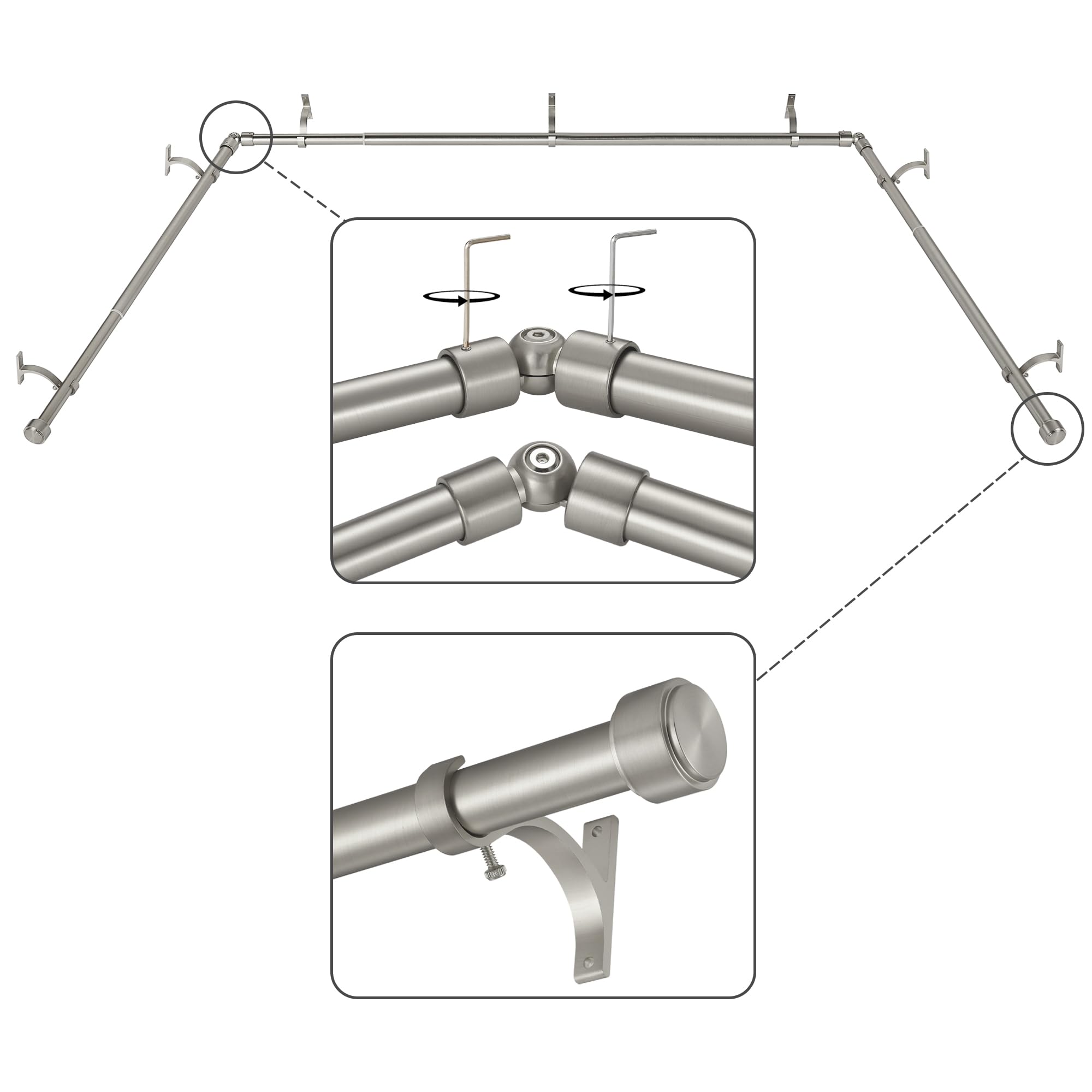 Mayrhyme Brushed Nickel Bay Window Curtain Rods with Aluminum End Cap Finials and Brackets,Adjustable 36-72 Inch Center Rod for windows (24-68’’), 20-36 Inch Side Rods for windows (16-32’’) — image 1