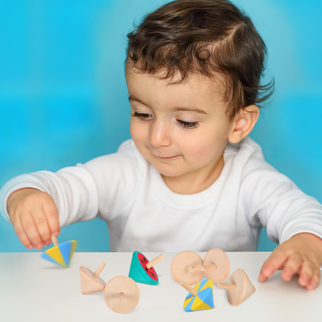 Parte superior giratoria de madera sin terminar, giroscopios artesanales para bricolaje, niños, juguete para fiesta, Año Nuevo, 12 unidades 3