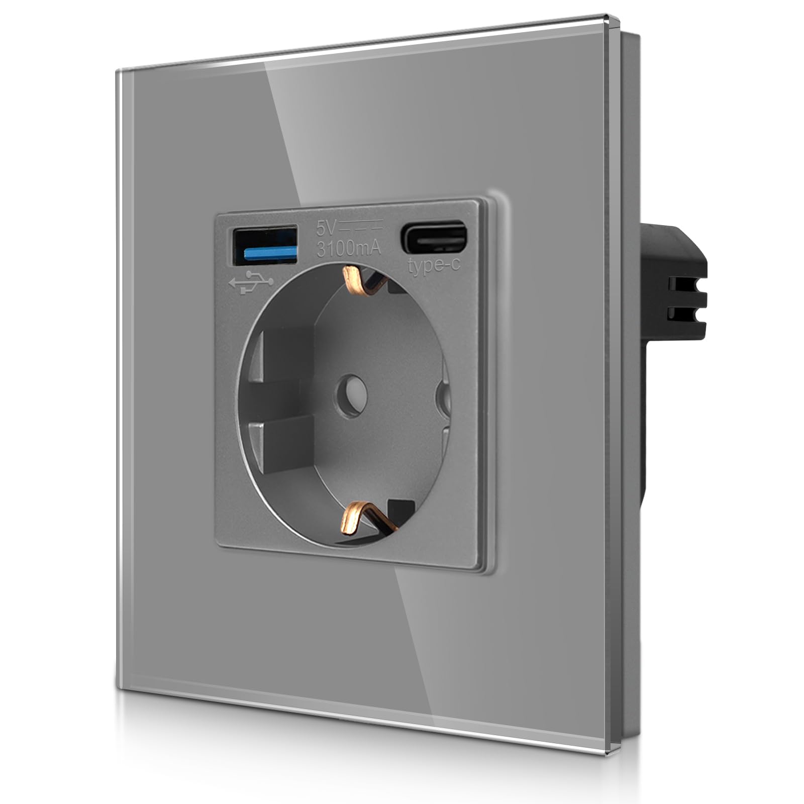 CNBINGO Einzelsteckdose mit 2× USB-Anschluss Schnellladen - 1× (Typ-C und USB-A total Max.3,1 Amp) - Einfach Glas Schuko Steckdose Unterputz - Grau Wandsteckdose mit Kindersicherung