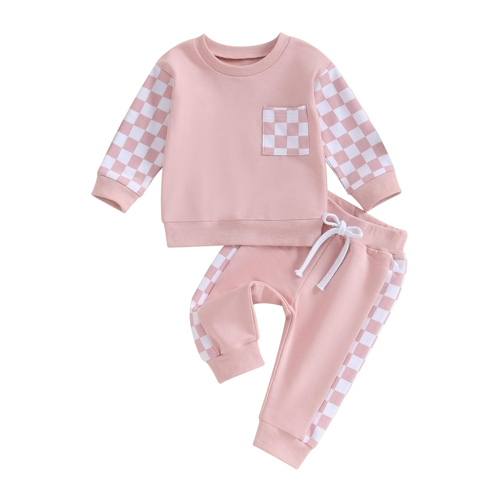 Baby Girl Boy Winter Clothes Toddler Fall Outfits Long Sleeve Checkerboard Sweatshirts and Pants Casual Sweatsuit (Pink, 6-12 Months)