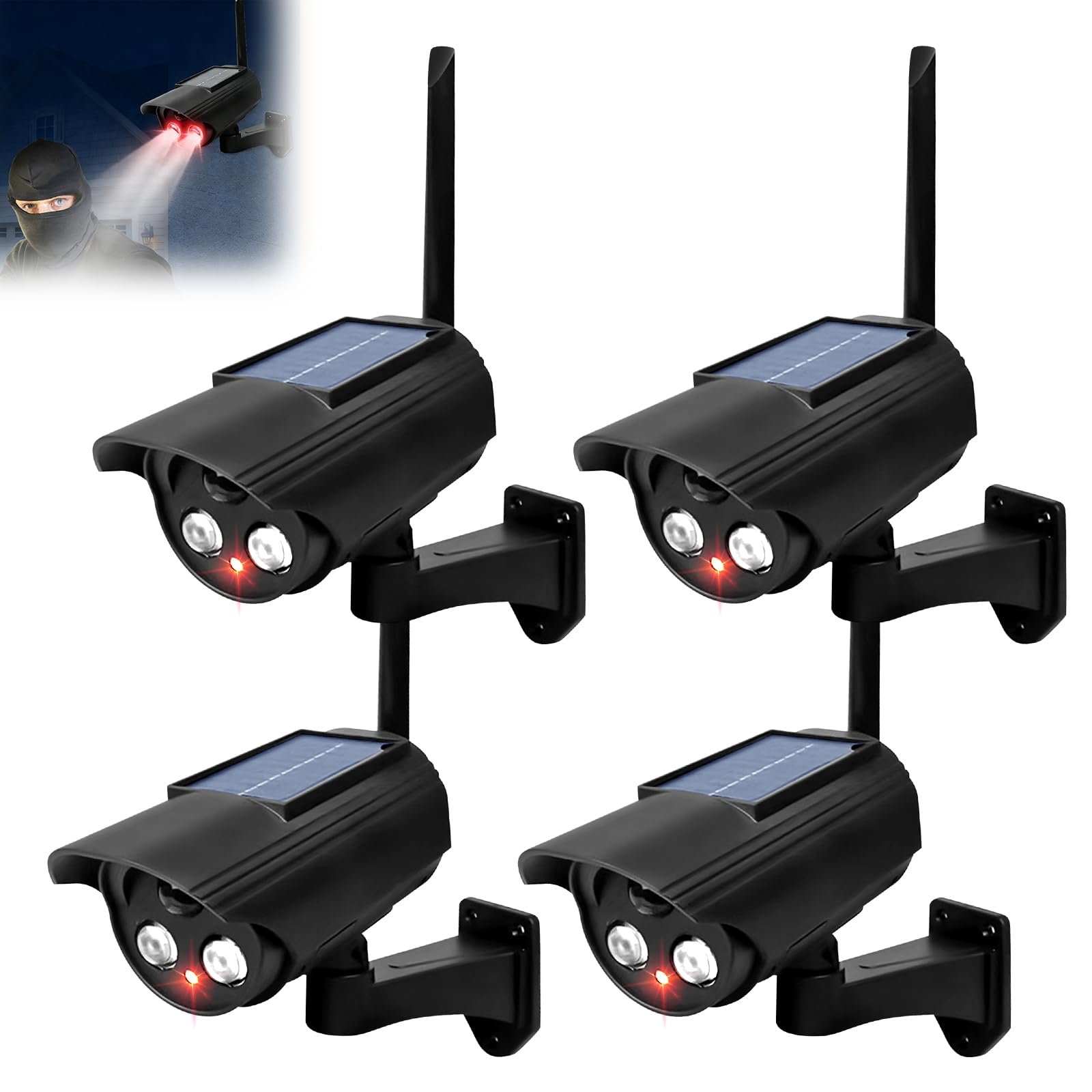 GOMETY 4 fotocamere Atrappe per esterni, a energia solare, con LED rosso lampeggiante, telecamera di sorveglianza, per esterni, CCTV, manichino, telecamera di sicurezza per interni ed esterni