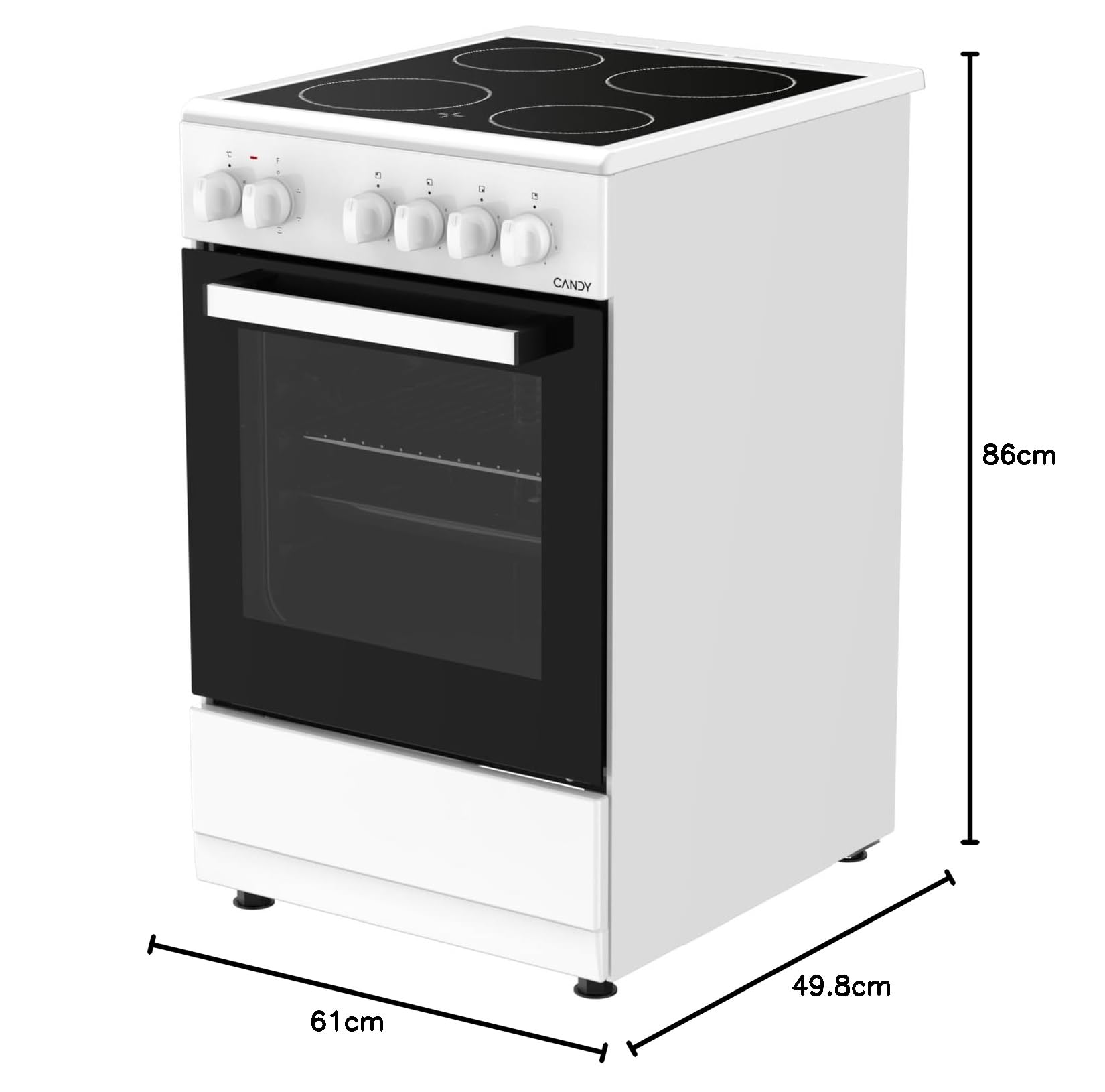 Candy CVE5436FEEW/E Cocina Libre Instalación 50cm, Horno Multifunción 43L con 6 Funciones, Vitrocerámica 4 Zonas, Mandos Independientes 4 para Vitrocerámica y 2 para Horno, Blanco