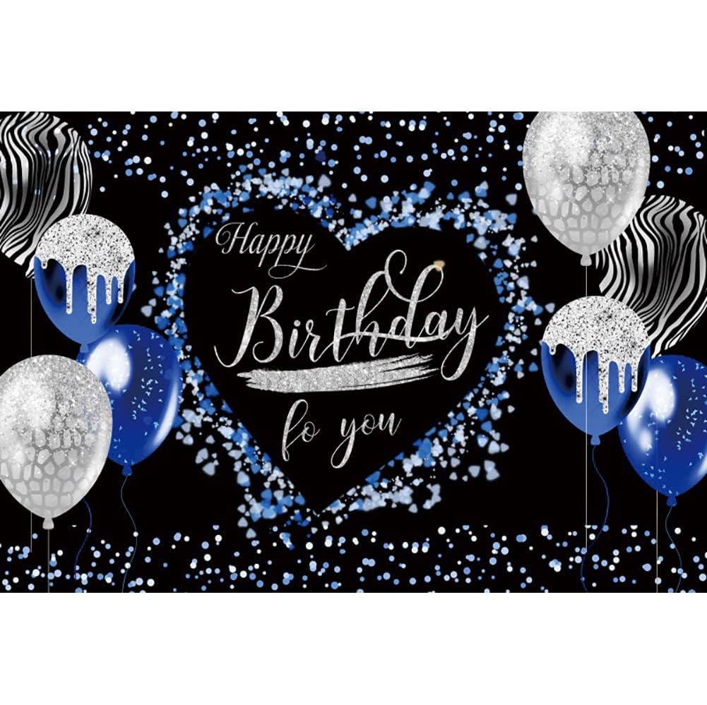 Renaiss Blue Birthday Backdrop 10x6.5ft Fabric Happy Birthday for You Backdrops Banner Silver Glitter Dots Love Heart Lage Sign Poster Photography