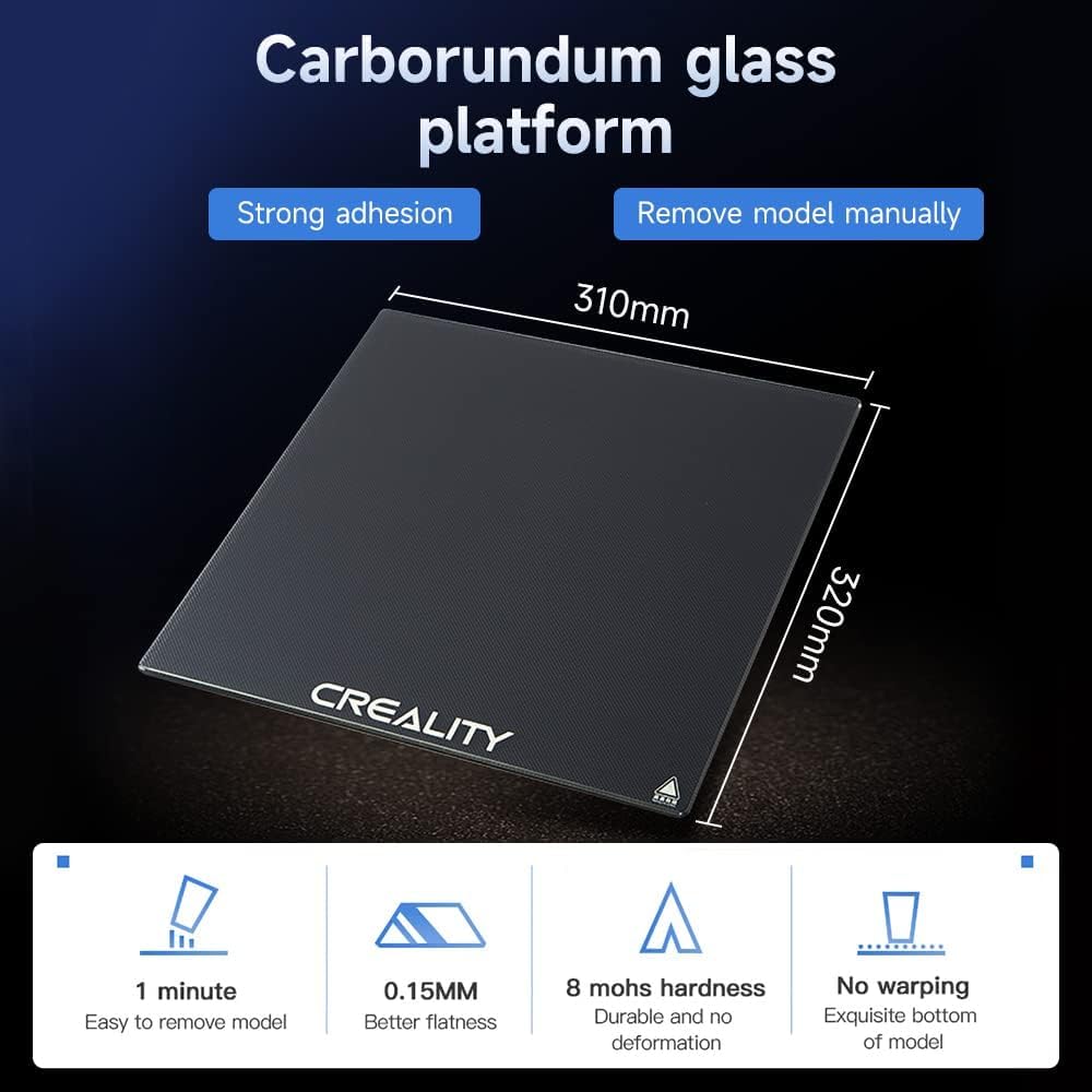 Creality Ender 3 Max Neo Plateau en verre original de 320 x 310 mm – Surface de construction en verre trempé pour Ender-3 Max, CR-10 V2, CR-10 V3, CR-X, CR-X Pro – Adhérence élevée